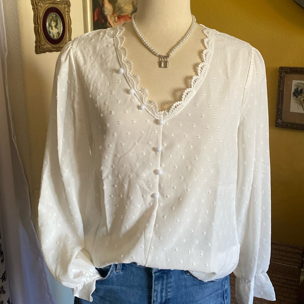 Cream lace blouse ruffle sleeves